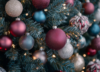 Wall Mural - Christmas tree with lots of white and pink decorations.