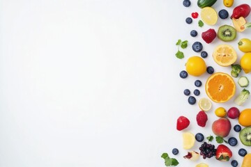 Aufkleber - A vibrant collection of fresh fruits and vegetables arranged neatly on a white surface, perfect for healthy meal inspiration. Generative AI
