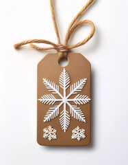 Wall Mural - A rustic brown gift tag adorned with delicate white snowflakes, tied with twine for a touch of winter charm