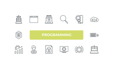 fully editable outline icon collection from programming concept. thin line icons set such as seo reputation, web page, mobile development, optimization, program error,