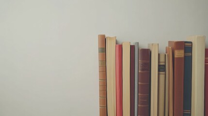 Poster - Numerous books from different genres are lined up against a clean white background, highlighting their varied colors and sizes in an organized manner. Generative AI