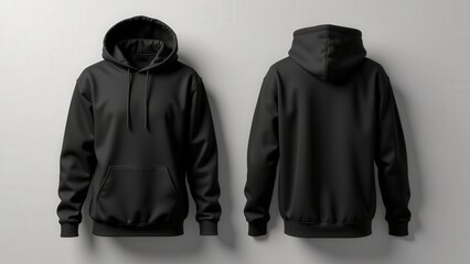 Wall Mural - A realistic mockup black blank hoodie with front and back views, showcasing smooth fabric texture and drawstrings, illuminated by soft lighting.