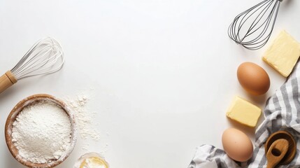 Poster - A collection of baking essentials including flour, eggs, butter, and a whisk showcases the ingredients for delicious recipes. Generative AI