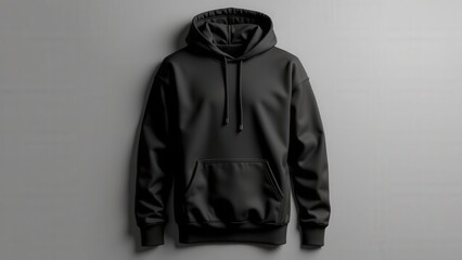 Wall Mural - Realistic mockup black blank hoodie with drawstrings, a large front pocket, and smooth fabric texture, displayed from the front against a neutral gray background.