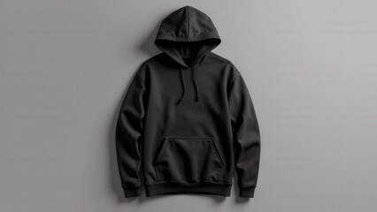 Wall Mural - A mockup black blank hoodie displayed from the front with drawstrings, a large front pocket, and smooth fabric texture on a simple gray backdrop.