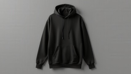 Wall Mural - A realistic mockup black blank hoodie with visible drawstrings and a large front pocket, displayed from the front with smooth fabric texture on a gray background.