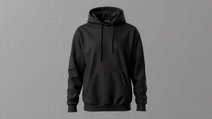 Wall Mural - Mockup black blank hoodie shown from the front, with visible drawstrings, a large front pocket, and smooth fabric texture, set against a clean gray backdrop.