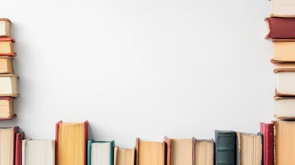 Aufkleber - A collection of books from various genres is neatly arranged on a white surface, inviting exploration and discovery of new stories and ideas. Generative AI