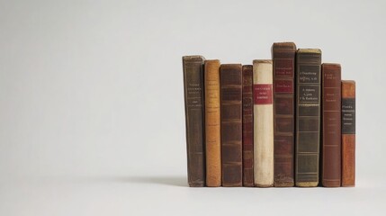 Poster - A collection of books from different genres is neatly lined up against a white background, showcasing their unique bindings and colors. Generative AI