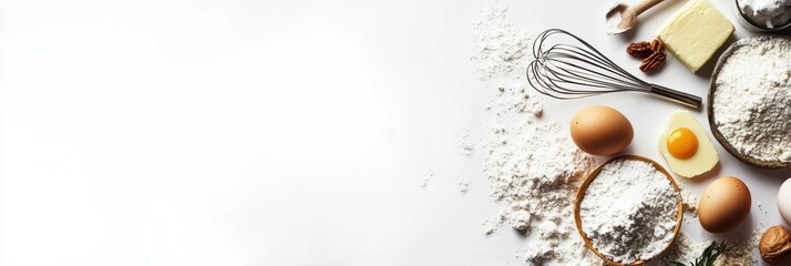 Poster - Flour, eggs, whisk, and butter are neatly arranged on a white background, leaving a blank area for recipe text or baking tips. Generative AI