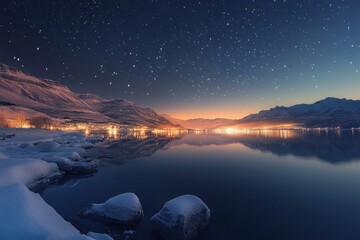 Wall Mural - A beautiful night sky with a lake in the background