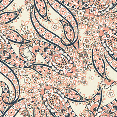 Wall Mural - Hand drawn floral paisley seamless vector pattern. Batik style fabric