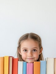 Aufkleber - A child with long hair stands behind a row of brightly colored books arranged on a white surface, showcasing joy and curiosity. Generative AI