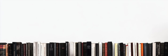 Poster - A diverse collection of books showcases different genres, creating a visually appealing arrangement on a minimalist white backdrop. Generative AI