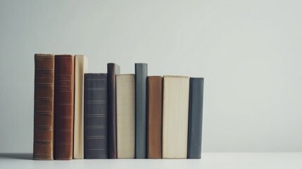 Poster - A collection of books from various genres is lined up against a minimalistic white background, highlighting their unique covers and spines. Generative AI