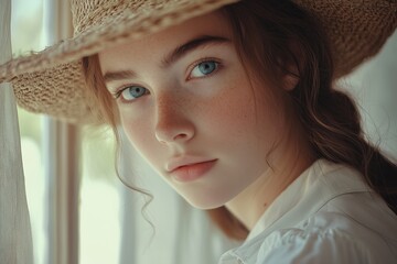 Wall Mural - A woman with blue eyes and red hair is wearing a straw hat