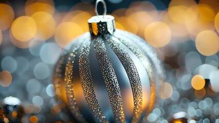 Sticker - Glittering texture of a silver Christmas bauble, with its shiny surface and delicate patterns creating a festive atmosphere. . 4K Video