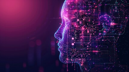 AI face profile, digital technology, circuit board.