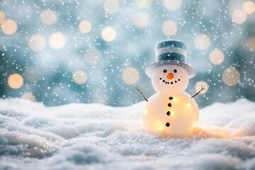 Wall Mural - Illuminated snowman glowing on snowy field with bokeh lights