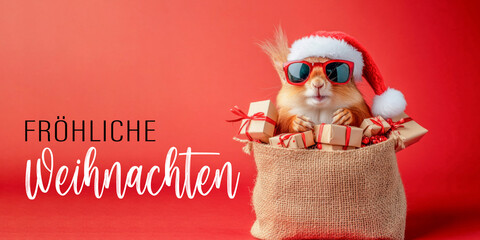 Wall Mural - fröhliche weihnachten urlaub winter grußkarte mit deutschem text - cooles eichhörnchen mit weihnacht