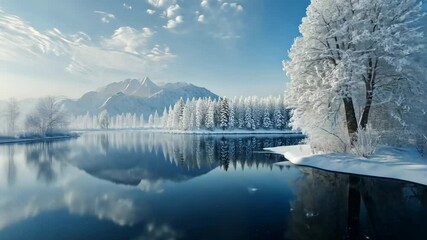 Poster - Frozen lakes, with their smooth, glassy surfaces, create a serene and hauntingly beautiful winter scene, reflecting the cold stillness of the season. . 4K Video