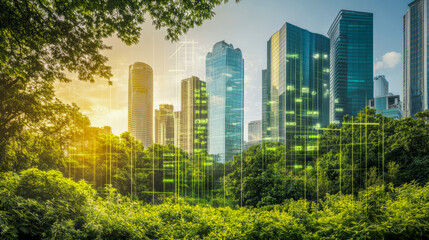Wall Mural - green energy cityscape with digital overlay of futuristic skyscrapers in urban environment
