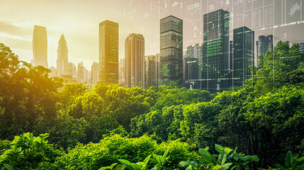 Wall Mural - futuristic cityscape with urban forest and tall skyscrapers merging into a digital future