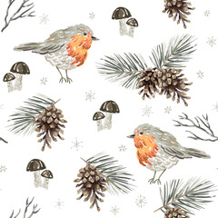 Wall Mural - christmas seamless pattern, robin birds, pine twigs, cones, mushrooms, snowflakes, white background.