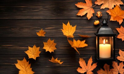 Wall Mural - Warm candlelight illuminates a rustic wooden surface adorned with vibrant maple leaves, creating an inviting autumn atmosphere