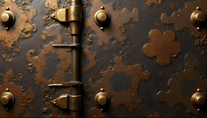 Wall Mural - oxidized brass hardware texture with intricate patterns and rich colors, illuminated by soft lightin