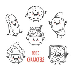 Wall Mural - set of cartoon food characters isolated on white. Ice cream, Viennese waffle , cupcake, croissant and cookie, eclair in doodle style. Vector illustration