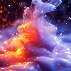 Aufkleber - Bright abstract illustration with floating in weightlessness flow of magical colored liquid and bright drops with shades of purple and orange