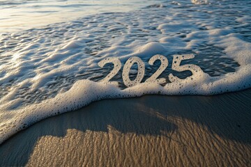 Poster - beach, ocean, waves, , sand Writing in the wet sand, partially covered by gentle ocean waves The scene captures a serene beach atmosphere with soft foam and sunlight