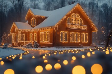 The snow-covered house, decorated with bright garlands, creates an atmosphere of warmth and coziness in a cold winter evening. Ideal for creating New Year’s cards, posters, web design and other festiv