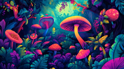 Poster - Colorful playful forest scene with mushrooms and exotic birds and plants in vivid peakcock colors, psychedelic style, illustration design generative ai art style. Psychedelic. Illustration