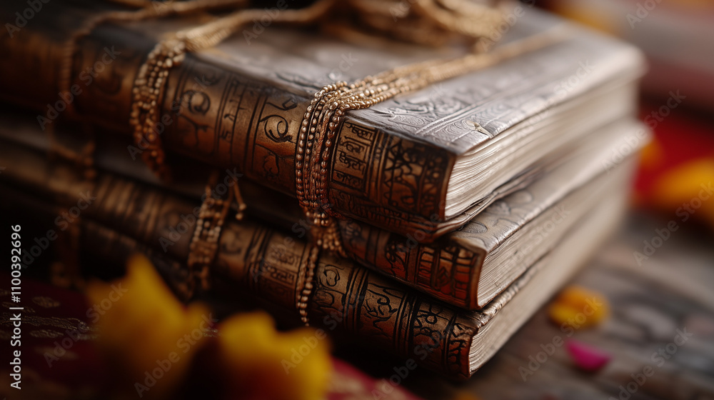 Golden Thread Scripture Stacked ancient scriptures tied with golden thread, Krishna Teachings ...