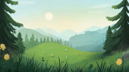 Wall Mural - Stunning Summer Landscape View of Green Hills and Mountains under a Blue Sky