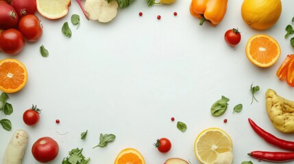 Aufkleber - A colorful assortment of fresh fruits and vegetables is beautifully arranged on a clean white background, ready for use in meal preparation. Generative AI