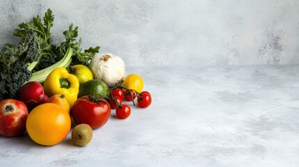 Aufkleber - A vibrant collection of fresh fruits and vegetables features prominently, showcasing their natural colors and textures, perfect for meals. Generative AI