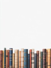 Poster - A collection of diverse books is neatly aligned on a white backdrop, showcasing different colors and styles, inviting reading and discovery. Generative AI