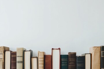 Poster - A diverse array of books showcases various genres, lined up neatly against a clean white background, emphasizing their unique spines. Generative AI