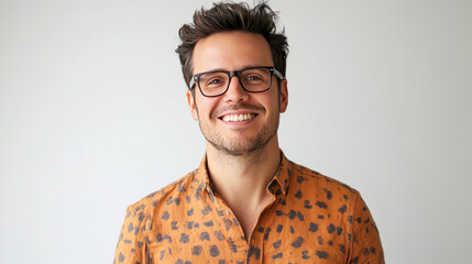 Wall Mural - Smiling young caucasian male with glasses in patterned shirt