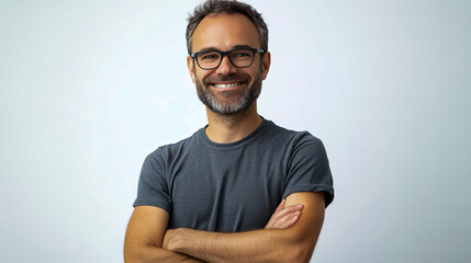 Wall Mural - Smiling caucasian male adult wearing glasses and gray t-shirt with folded arms