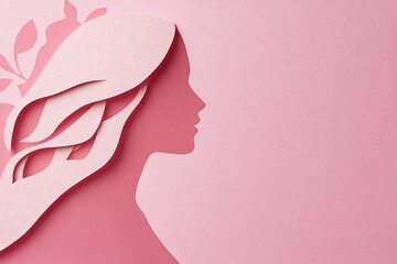 Women's day papercut illustration. Paper Silhouette of confident Woman with flowers and leaves on pink background. Girl power and feminism concept for Empowerment females rights