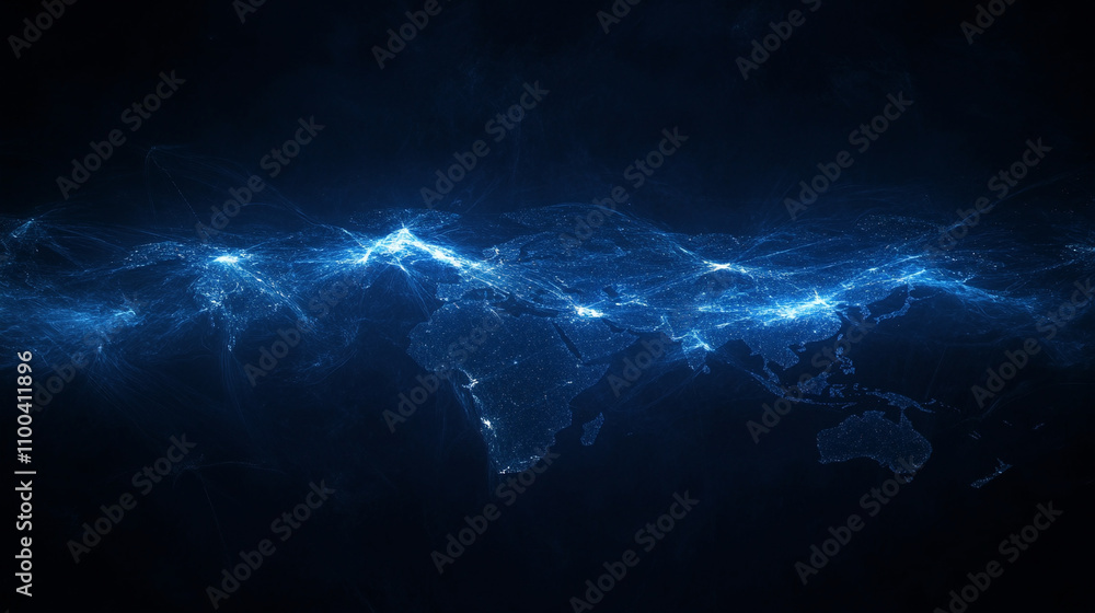 Global network visualization with bright blue digital connections world ...