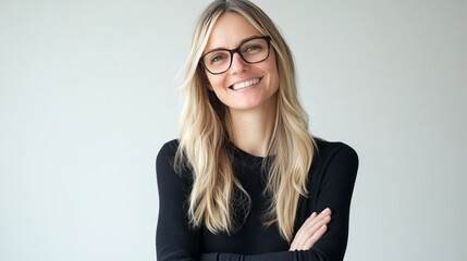 Wall Mural - Smiling caucasian young adult female with glasses in black attire