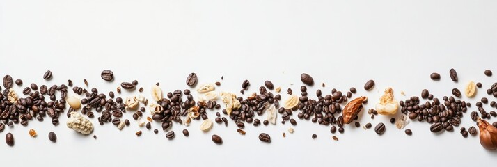 Poster - Coffee beans of different types are spread out on a white background, creating a perfect area for additional text or branding. Generative AI