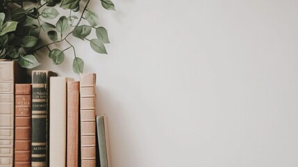 Poster - A collection of books from different genres is arranged on a white background, accompanied by a delicate touch of greenery. Generative AI