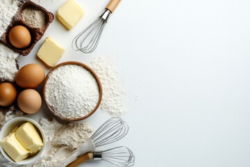 Poster - Flour, eggs, a whisk, and butter are thoughtfully arranged against a white backdrop, leaving space for recipe text or notes. Generative AI