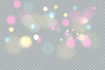Fototapete - Sparkling glare light effects with colorful shimmer. Beautiful lens flare effect with bokeh, glittery particles and rays. Shining abstract background. Vector illustration
